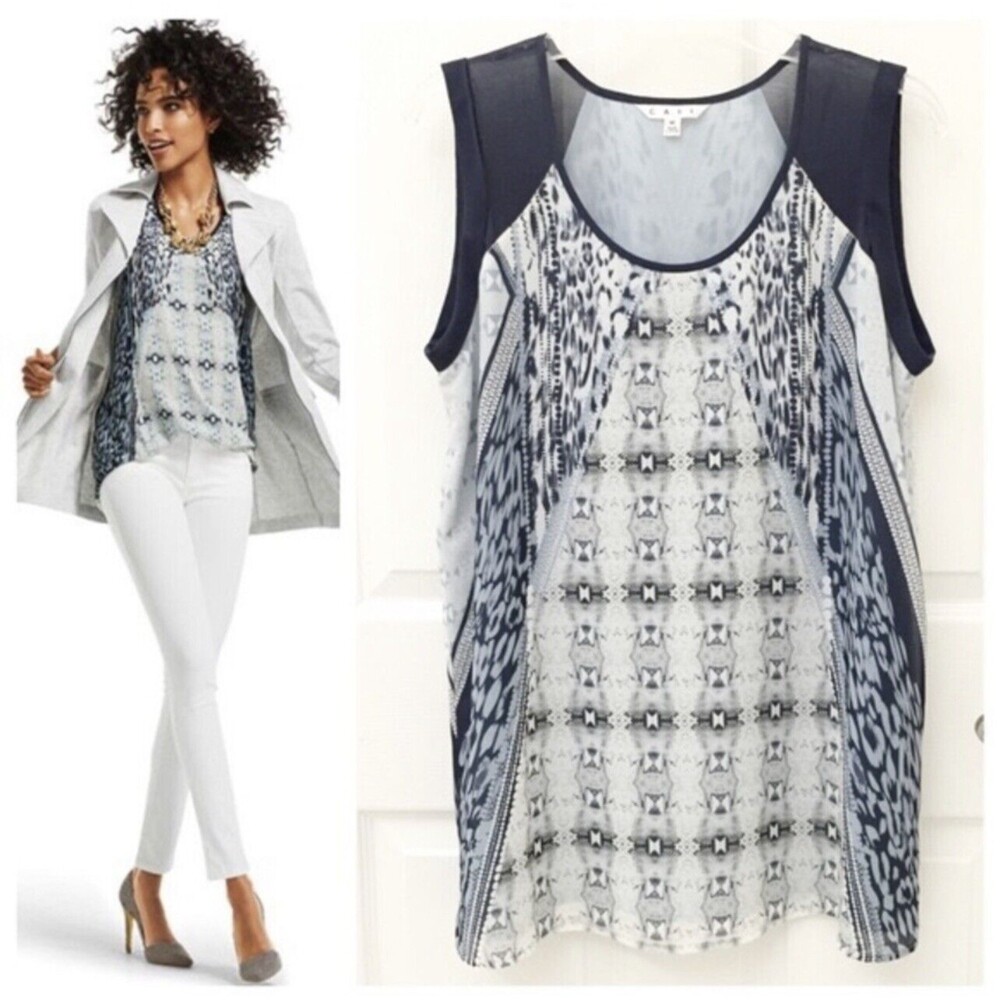 CABI Melange Blue Gray Sheer Mixed Print Sleeveless Blouse Top Size XS